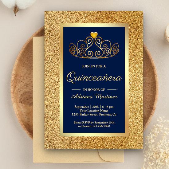 Gold Glitter Tiara Princess Blue Quinceanera