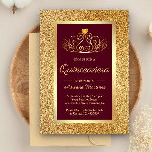 Gold Glitter Tiara Princess Burgundy Quinceanera