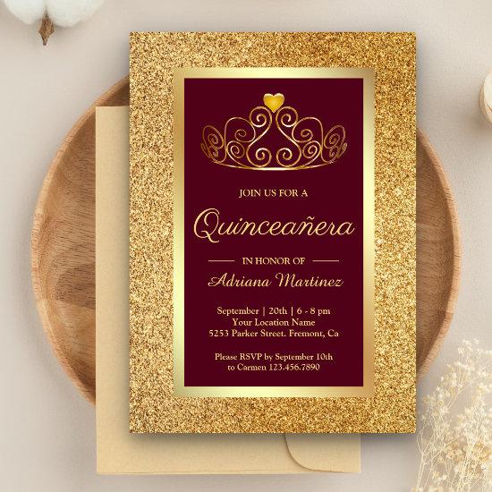Gold Glitter Tiara Princess Burgundy Quinceanera