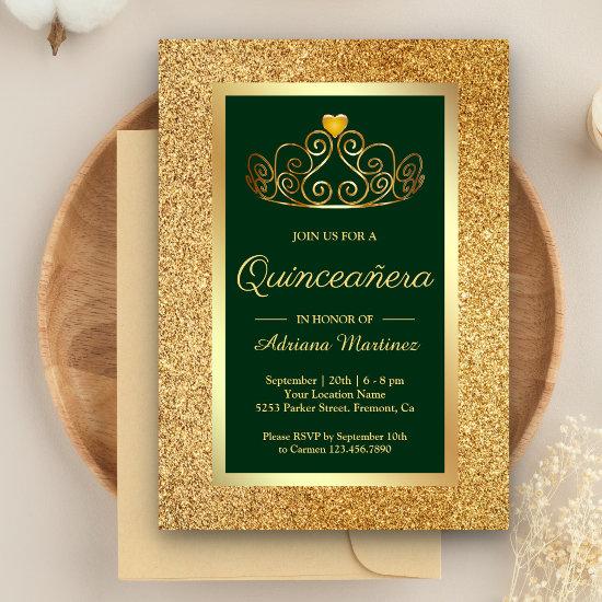 Gold Glitter Tiara Princess Green Quinceanera
