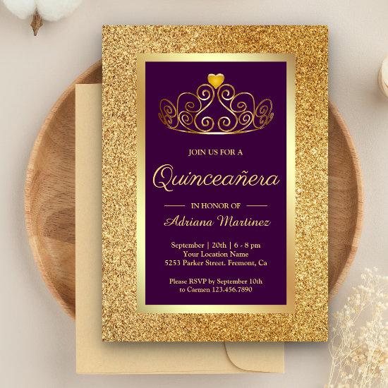 Gold Glitter Tiara Princess Purple Quinceanera