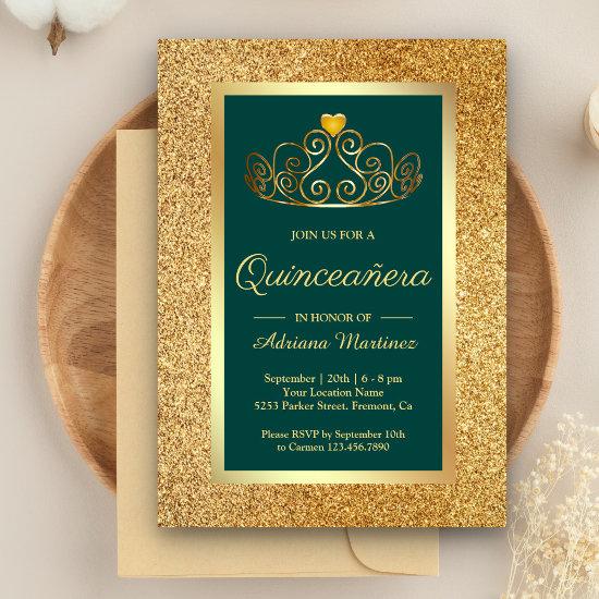Gold Glitter Tiara Princess Teal Quinceanera