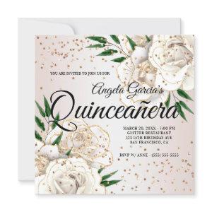 Gold Glitter White Floral Glam Quinceañera