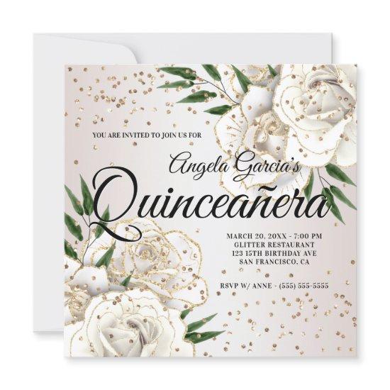 Gold Glitter White Floral Glam Quinceañera