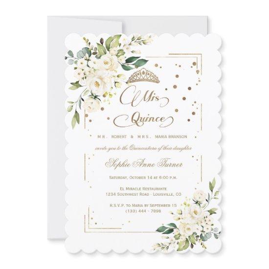 Gold Glitter White Floral Mis Quince Quinceañera