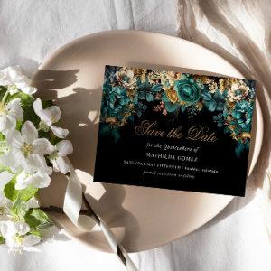 Gold Green Floral Quinceañera Save The Date