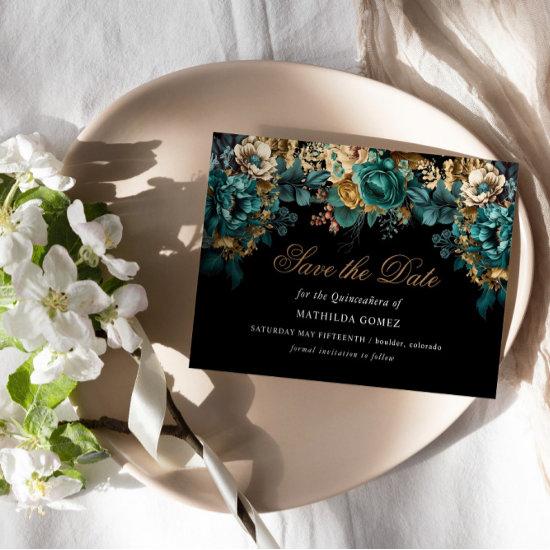 Gold Green Floral Quinceañera Save The Date