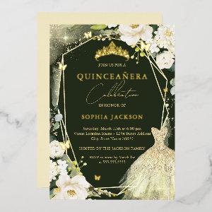 Gold Green Floral Tiara Dress quinceanera  Foil