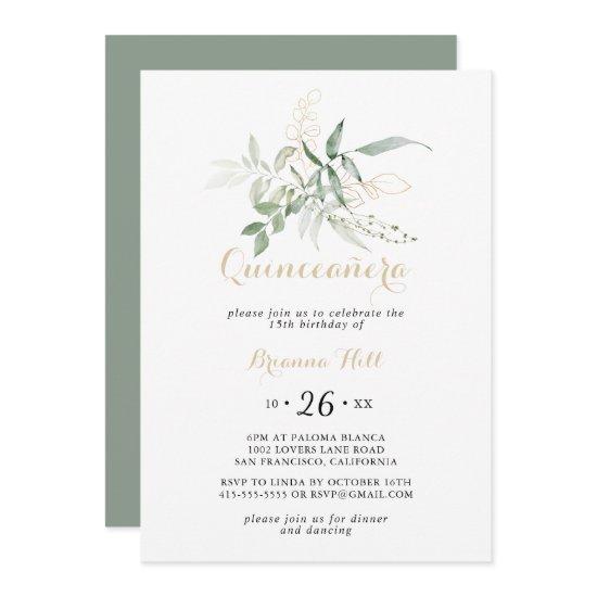 Gold Green Foliage Calligraphy Quinceañera