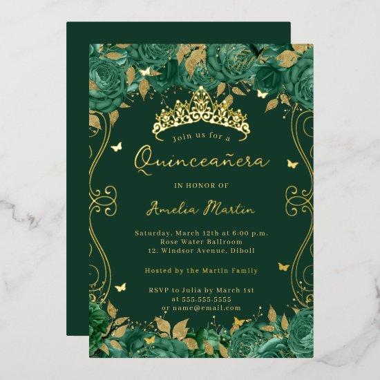 Gold Green Swirl Scroll Floral Quinceanera  Foil
