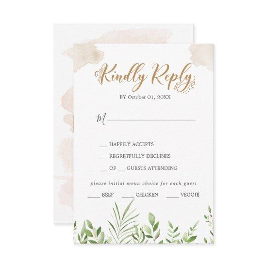 Gold Greenery Menu Choice Wedding RSVP Card