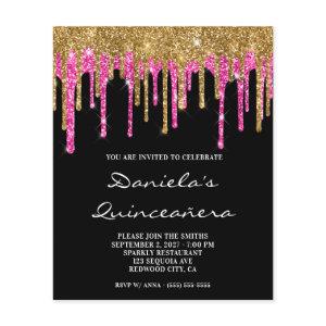 Gold Hot Pink Glitter Drip Quinceañera Invite