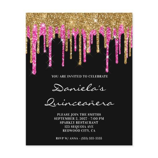 Gold Hot Pink Glitter Drip Quinceañera Invite