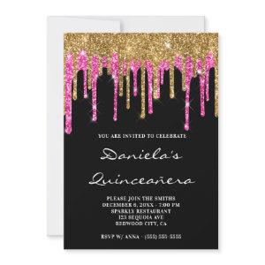Gold Hot Pink Glitter Drips Black Quinceañera