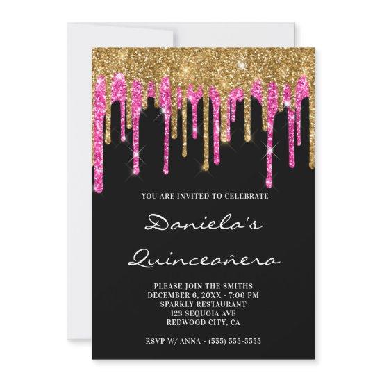 Gold Hot Pink Glitter Drips Black Quinceañera