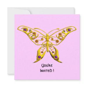 GOLD HYPER BUTTERFLY,GEMSTONES Pink Wedding Invite