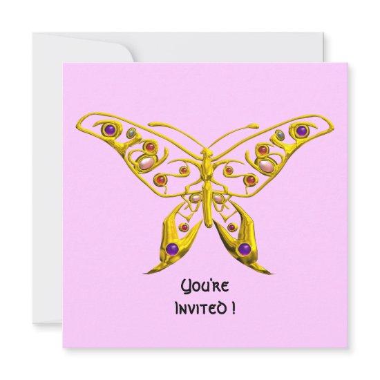 GOLD HYPER BUTTERFLY,GEMSTONES Pink Wedding Invite