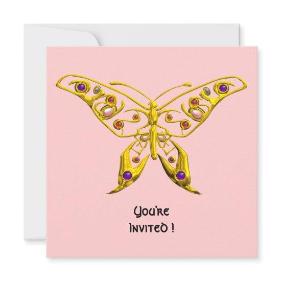 GOLD HYPER BUTTERFLY,GEMSTONES Pink Wedding Invite