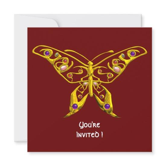 GOLD HYPER BUTTERFLY,GEMSTONES,Red Wedding Invite