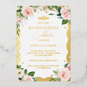 Gold Lace Blush Pink Floral Quinceanera  Foil