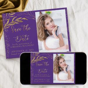 Gold Leaf and Calligraphy Purple Photo Save The Date