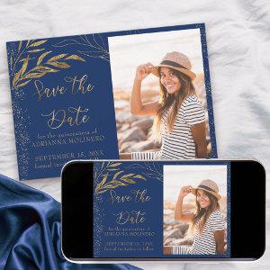 Gold Leaf and Calligraphy Royal Blue Photo Save The Date