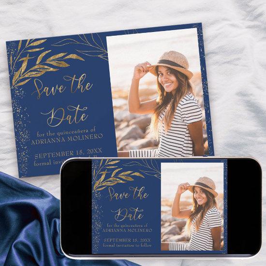 Gold Leaf and Calligraphy Royal Blue Photo Save The Date