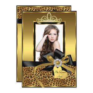 Gold Leopard Print Bow Photo Quinceanera Invite
