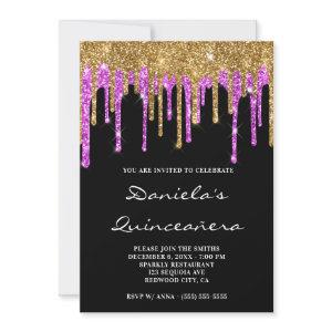 Gold Magenta Glitter Drips Black Quinceañera