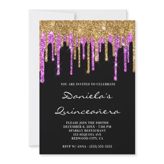 Gold Magenta Glitter Drips Black Quinceañera