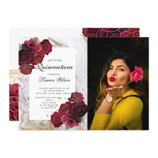 gold marble roses floral  Quinceanera Photo  Invit
