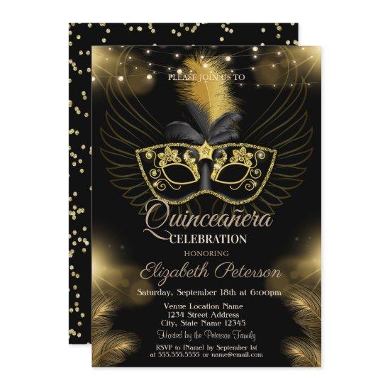 Gold Masque Diamonds Lights Black Quinceañera
