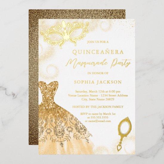 Gold Masquerade Party Dress Quinceanera Foil Invit Foil