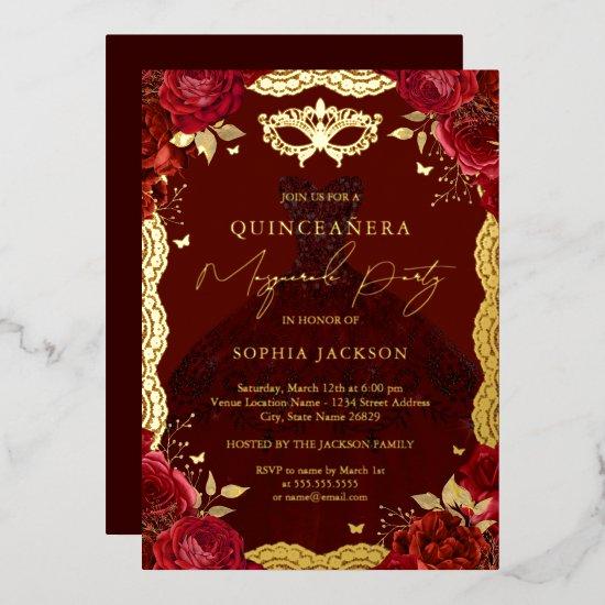 Gold Masquerade Party Red Rose Dress Quinceanera Foil
