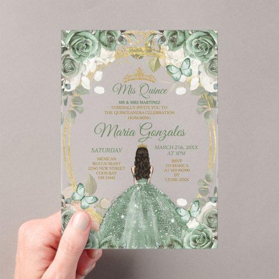 Gold Mis Quince Dusty Green Floral Quinceañera Acrylic
