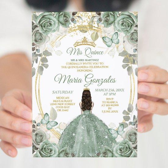 Gold Mis Quince Dusty Green Floral Quinceañera