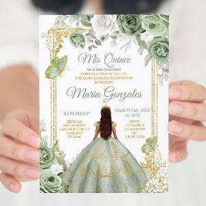 Gold Mis Quince Sage Green Floral Quinceañera
