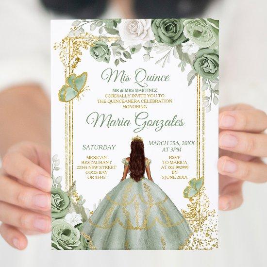 Gold Mis Quince Sage Green Floral Quinceañera