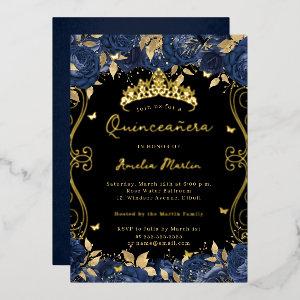 Gold Navy Black Swirl Scroll Floral Quinceanera  Foil