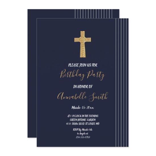 Gold navy blue elegant typography Birthday Party