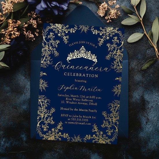 Gold Navy Elegant Vintage Quinceanera  Foil