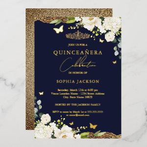 Gold Navy Floral Lace Quinceanera 15th Birthday  Foil