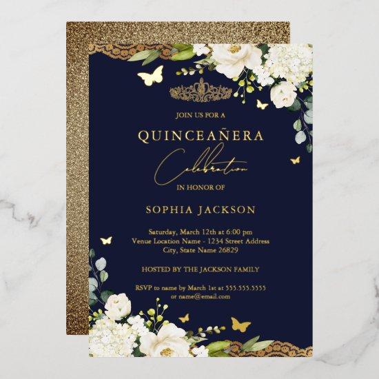 Gold Navy Floral Lace Quinceanera 15th Birthday  Foil