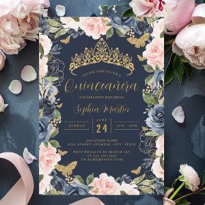 Gold Navy Pink Floral Tiara Butterfly Quinceanera