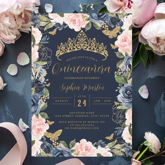Gold Navy Pink Floral Tiara Butterfly Quinceanera