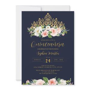Gold Navy Pink Floral Tiara Quinceanera