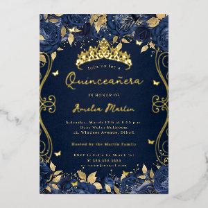 Gold Navy Swirl Scroll Floral Quinceanera  Foil