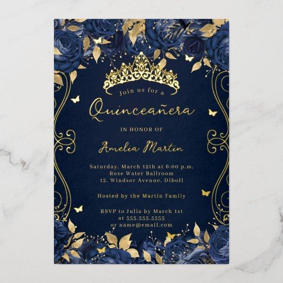 Gold Navy Swirl Scroll Floral Quinceanera  Foil