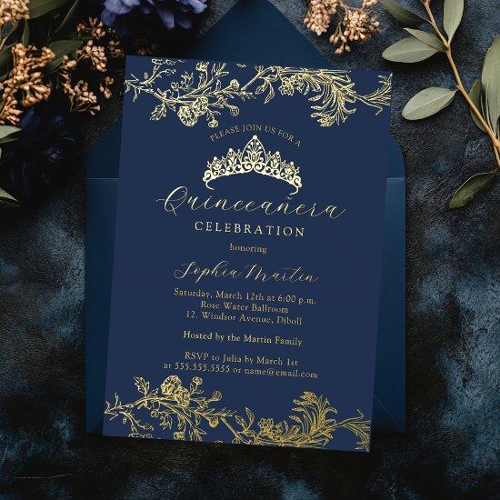 Gold Navy Vintage Elegant Quinceanera  Foil