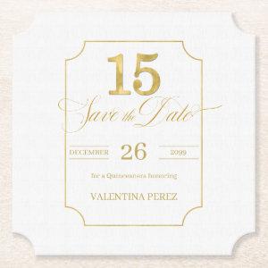 Gold on White Quinceanera English Save the Date Paper Coaster
